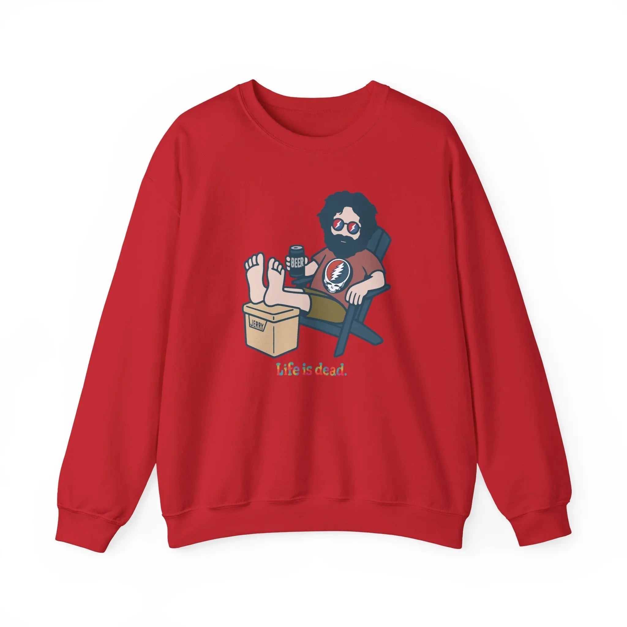 Red crewneck sweatshirt, full sleeves, cartoon graphic on front