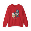 Red crewneck sweatshirt, full sleeves, cartoon graphic on front