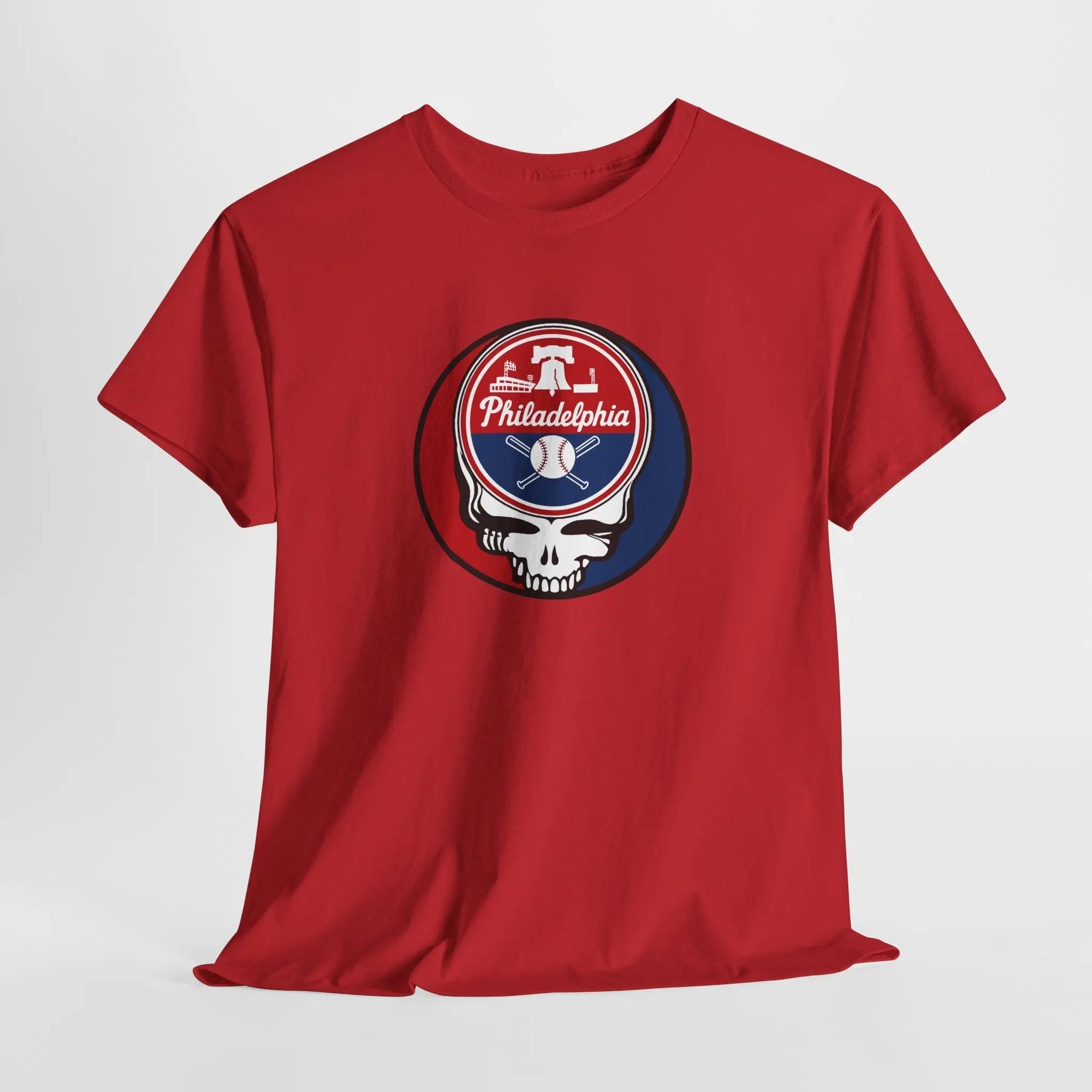 Red short-sleeve crewneck T-shirt featuring circular Stealie skull Philadelphia logo
