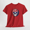 Red short-sleeve crewneck T-shirt featuring circular Stealie skull Philadelphia logo