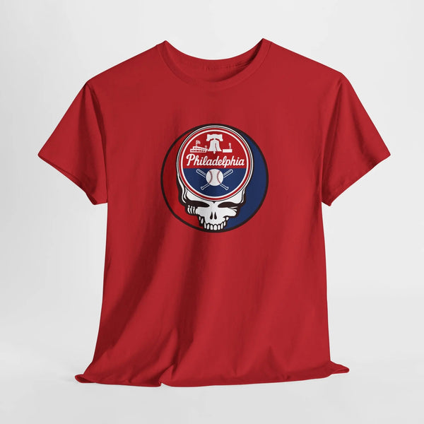Red short-sleeve crewneck T-shirt featuring circular Stealie skull Philadelphia logo