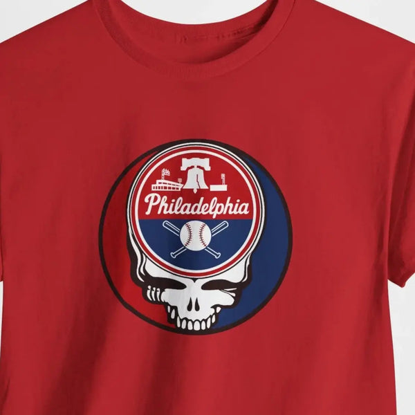 Red short-sleeve crewneck T-shirt with circular Philadelphia Stealie skull graphic
