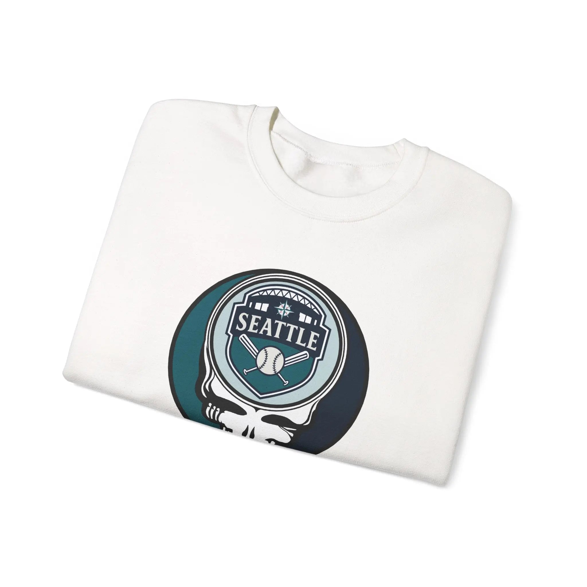 Off-white crewneck sweatshirt with Seattle Mariners chest graphic logo