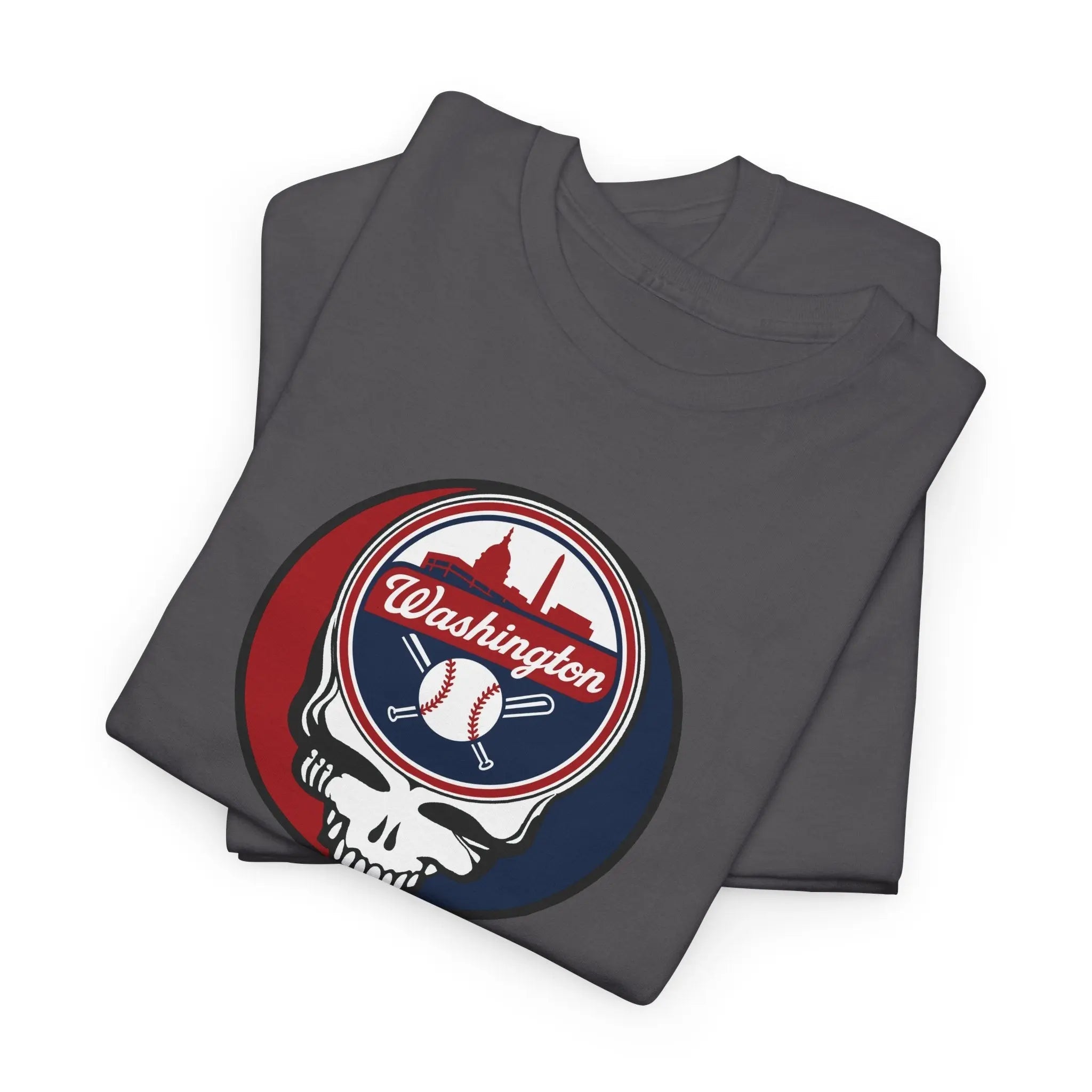 Charcoal T-shirt with Washington circular logo graphic and skull
