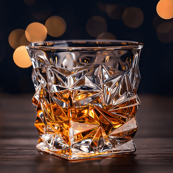 Amber and clear faceted Japanese crystal whisky tumbler with diamond pattern