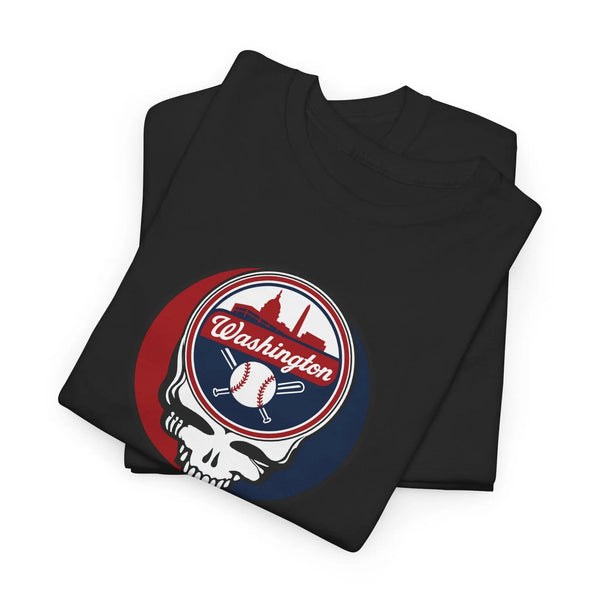 Black crewneck T-shirt with circular Washington baseball skull logo graphic