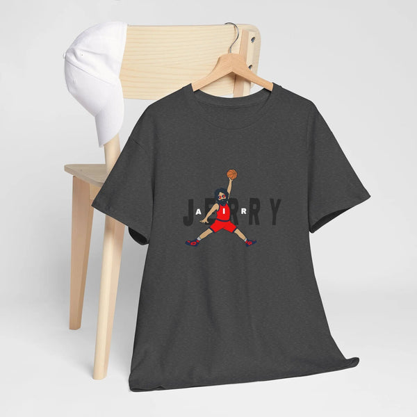 Cotton T-shirt in dark charcoal gray with front graphic print and short sleeves