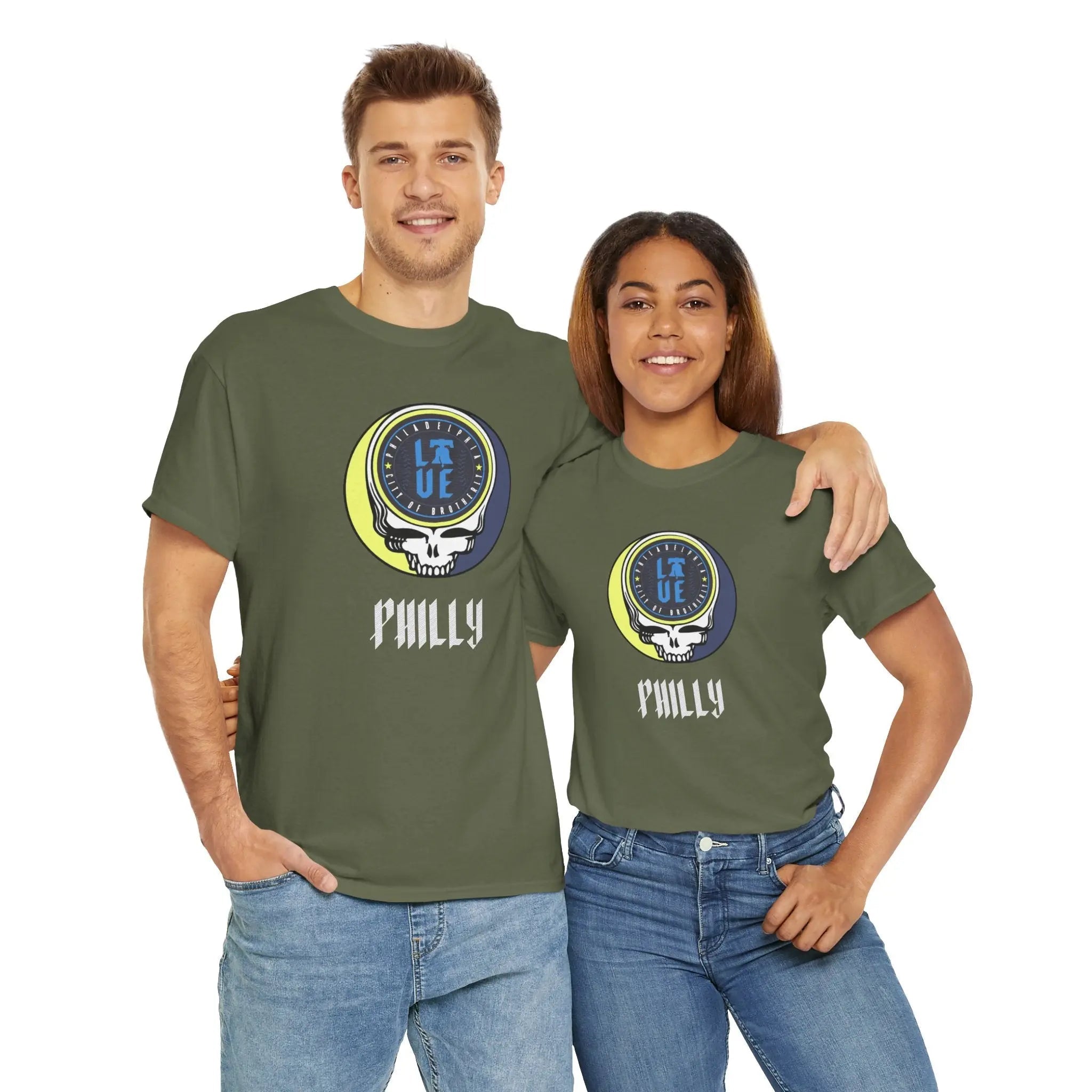 Military green Stealie logo T-shirt with circular skull graphic and “Philly” text on chest