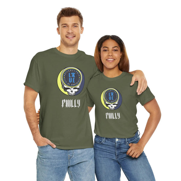 Military green Stealie logo T-shirt with circular skull graphic and “Philly” text on chest