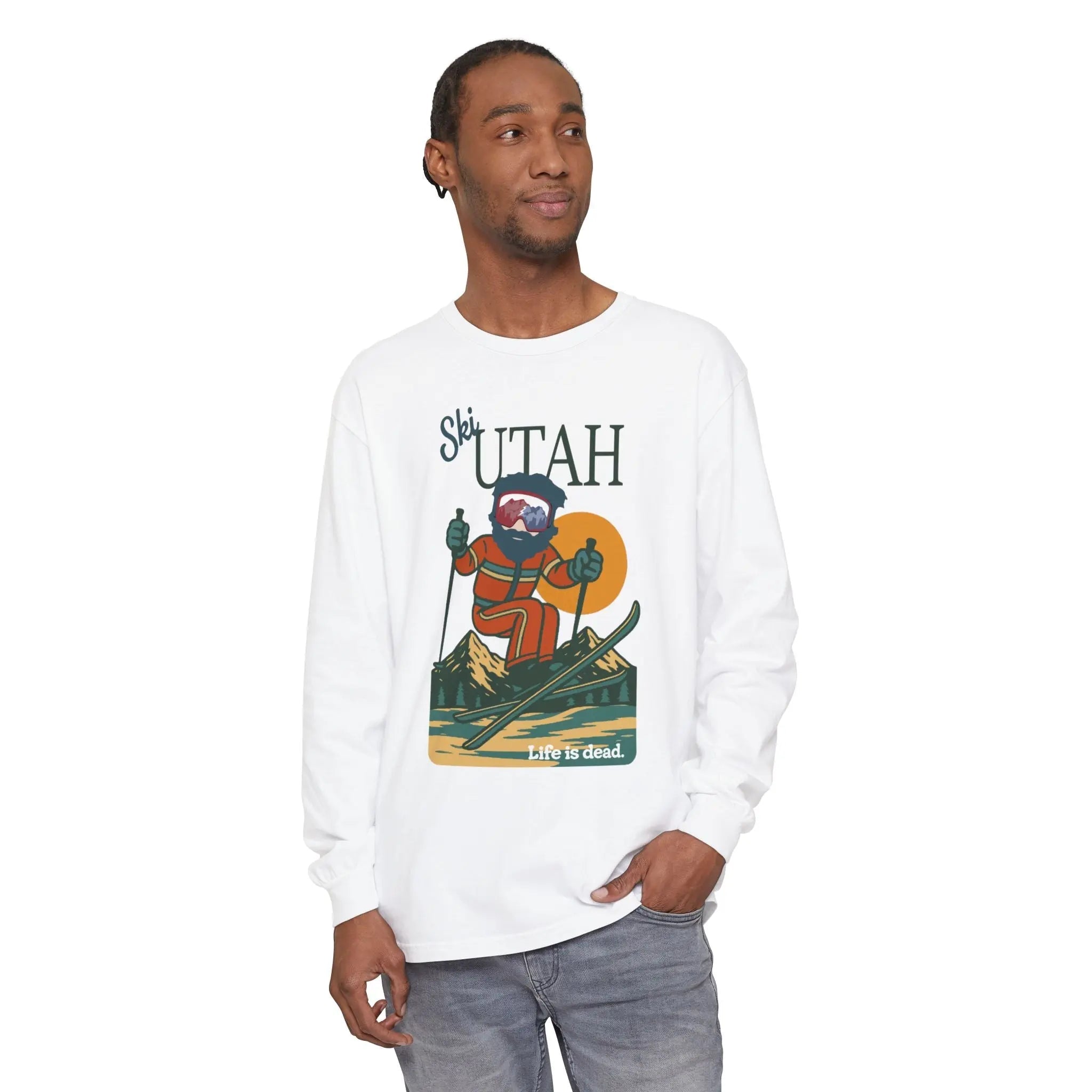 White long-sleeve T-shirt with Ski Utah front graphic and crew neckline