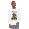 White long-sleeve T-shirt with Ski Utah front graphic and crew neckline