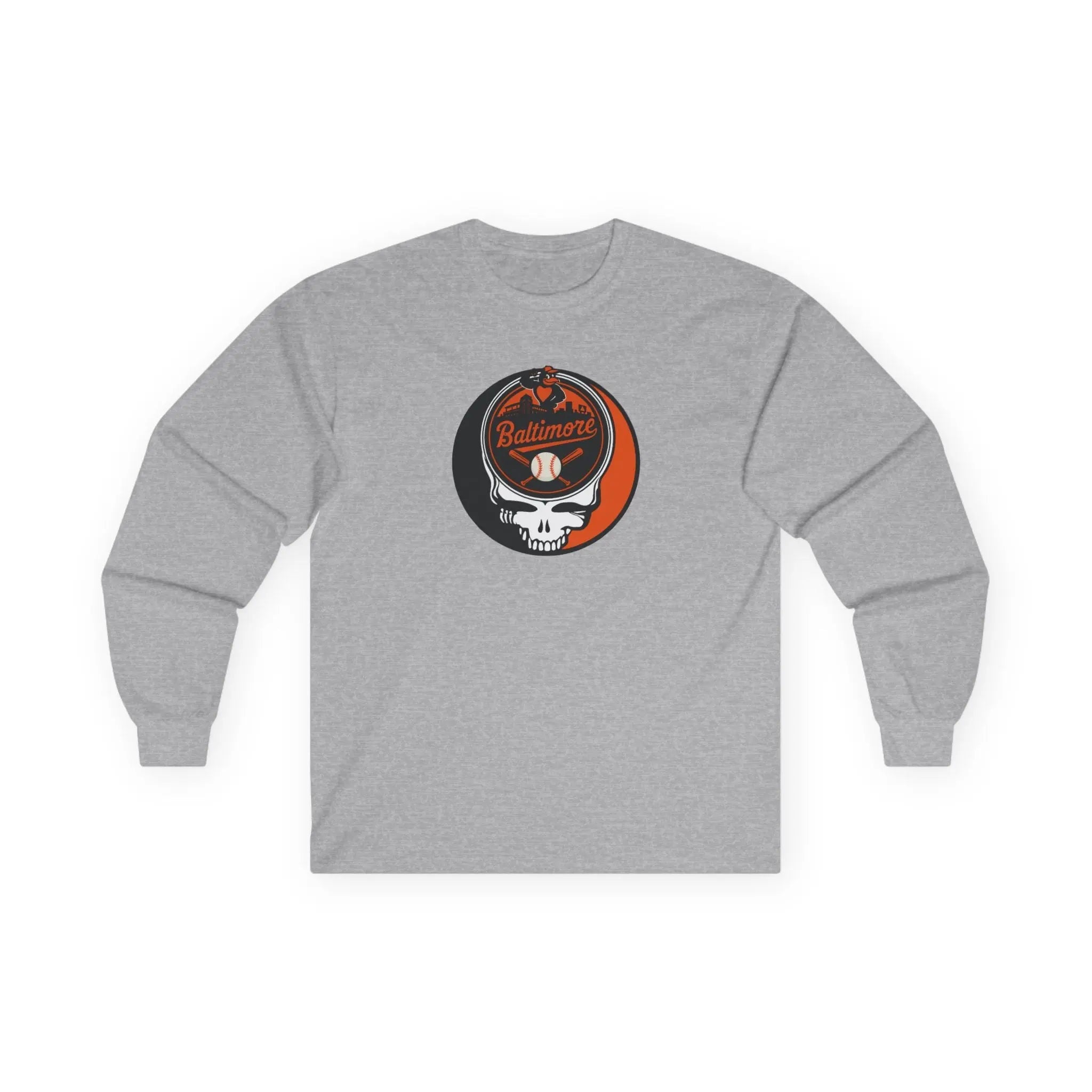 Sport gray long-sleeve T-shirt with Stealie skull logo centered on chest