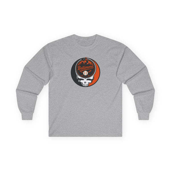 Sport gray long-sleeve T-shirt with Stealie skull logo centered on chest