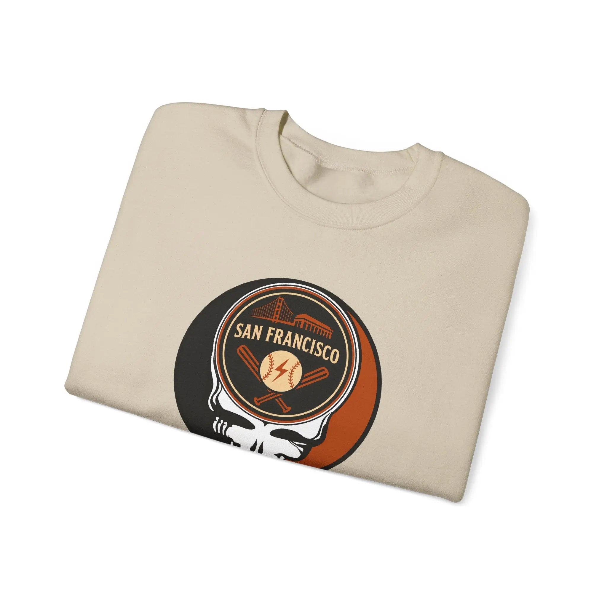 Light sand Giants crewneck sweatshirt with San Francisco Stealie-style emblem