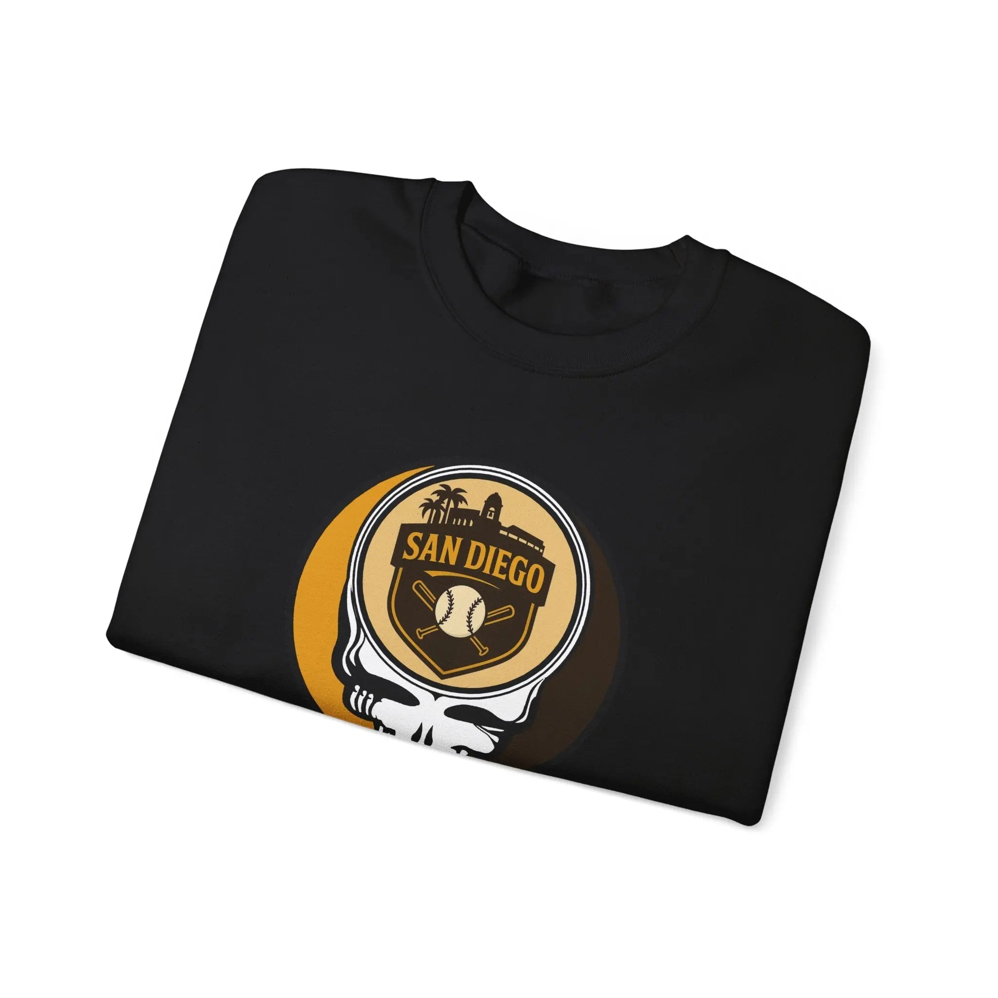 Black crewneck sweatshirt with centered San Diego skull logo graphic
