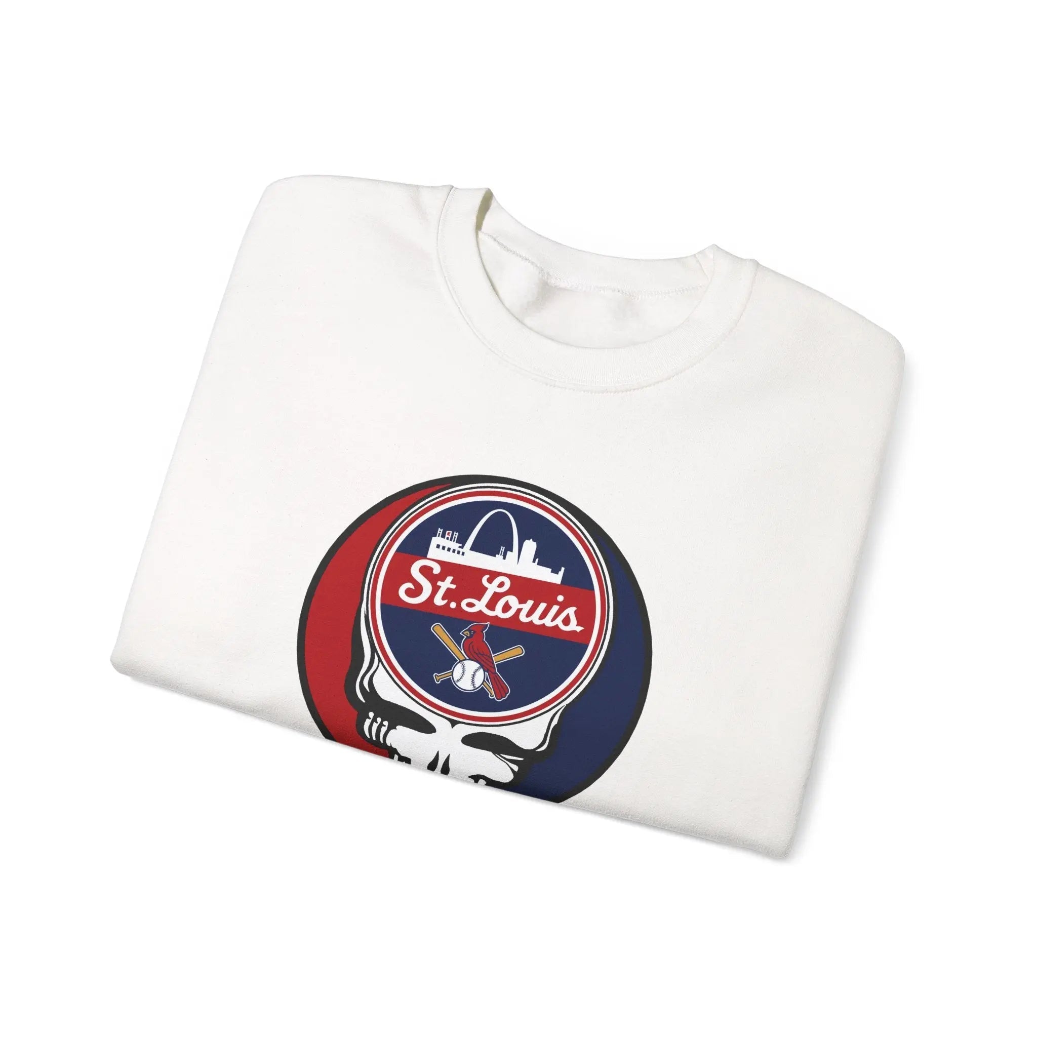 White crewneck sweatshirt with St. Louis logo skull graphic on chest