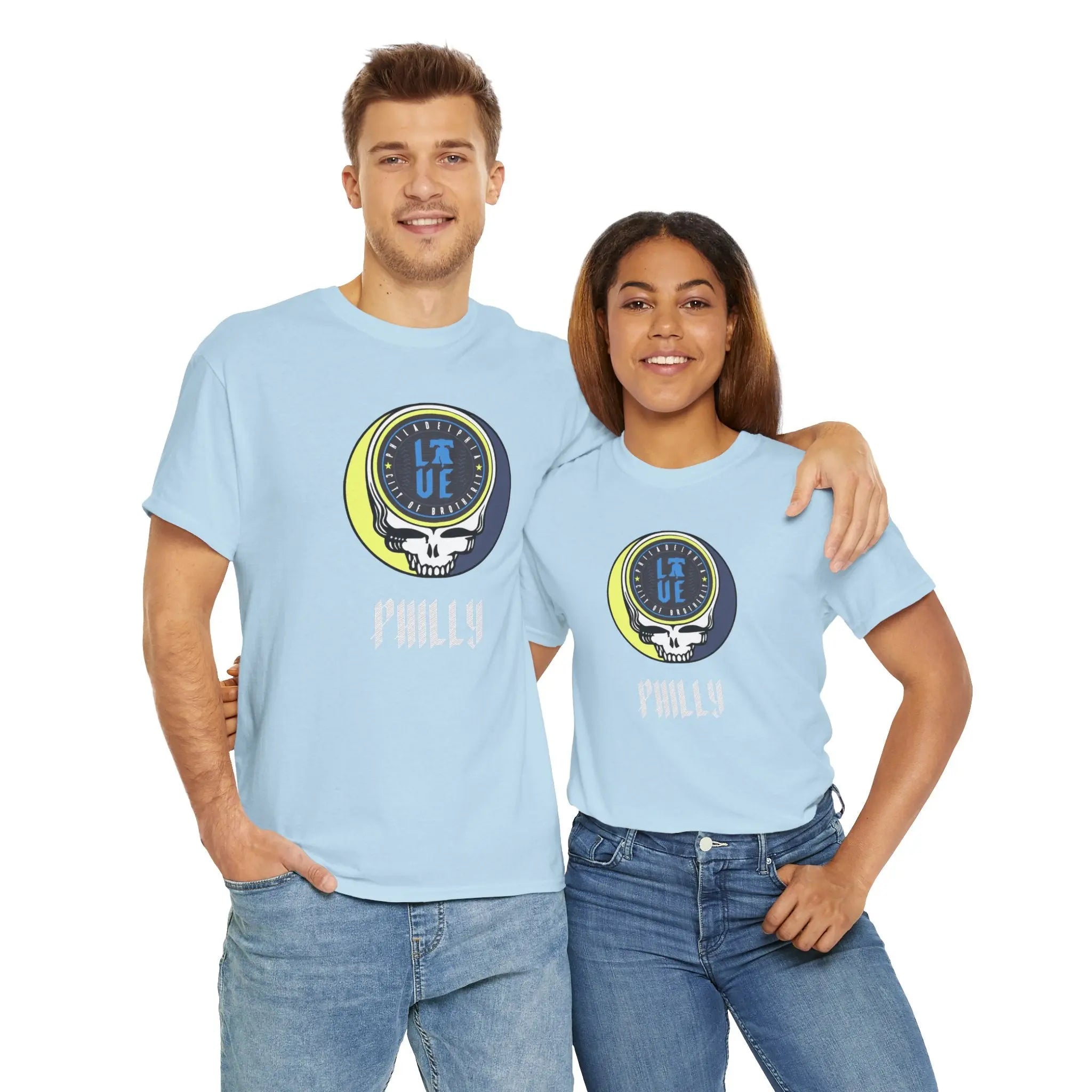 Light blue crew-neck short-sleeve T-shirt with circular Philly logo graphic
