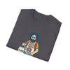 Dark gray crew-neck graphic T-shirt with flour sack character print