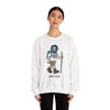 White crewneck sweatshirt on model, long sleeves and bearded hiking graphic