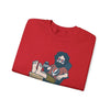 Red crewneck sweatshirt with cartoon character drinking graphic