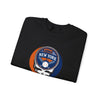 Black crewneck sweatshirt with circular New York graphic logo, front detail.