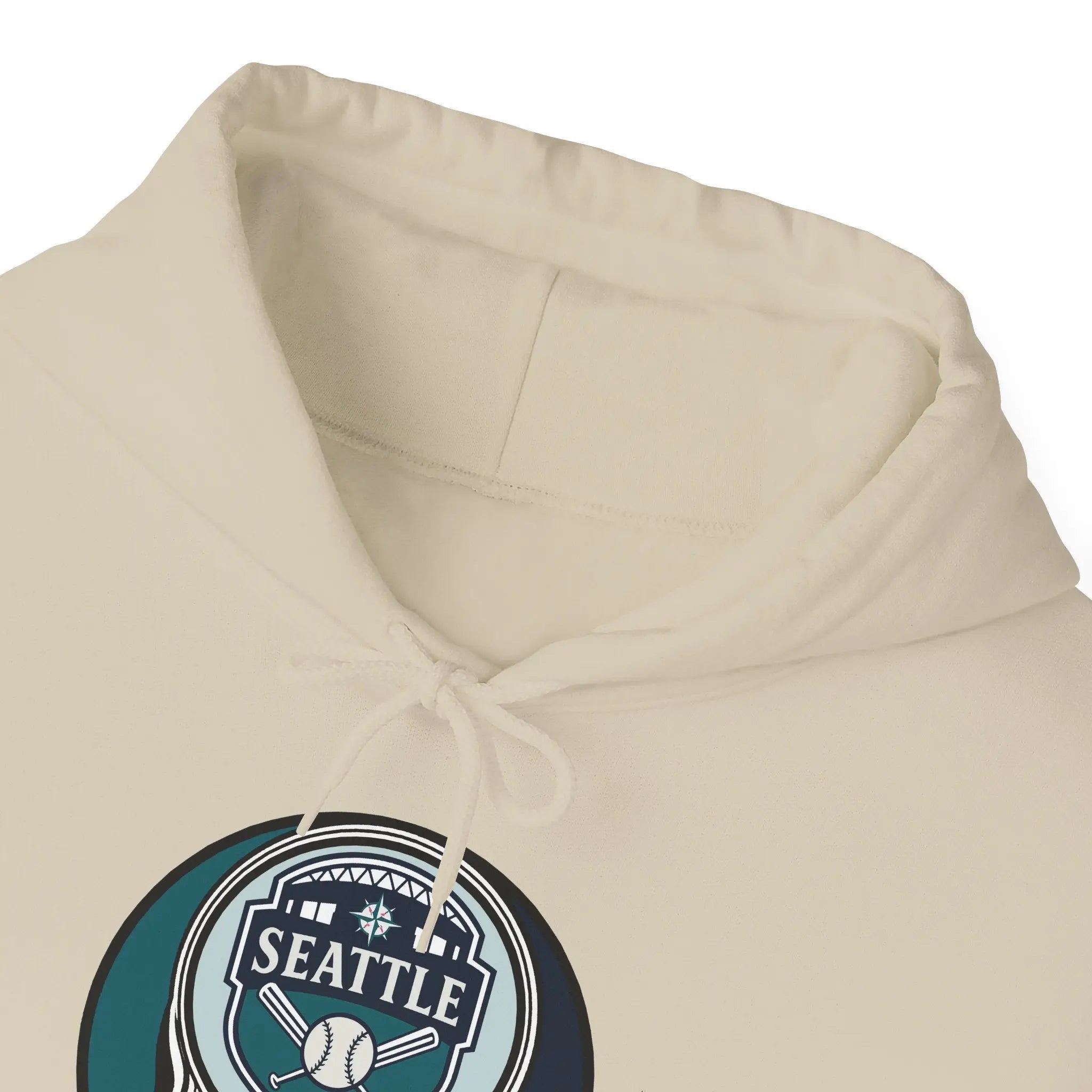 Cream Mariners hoodie close-up of hood and front Seattle logo graphic