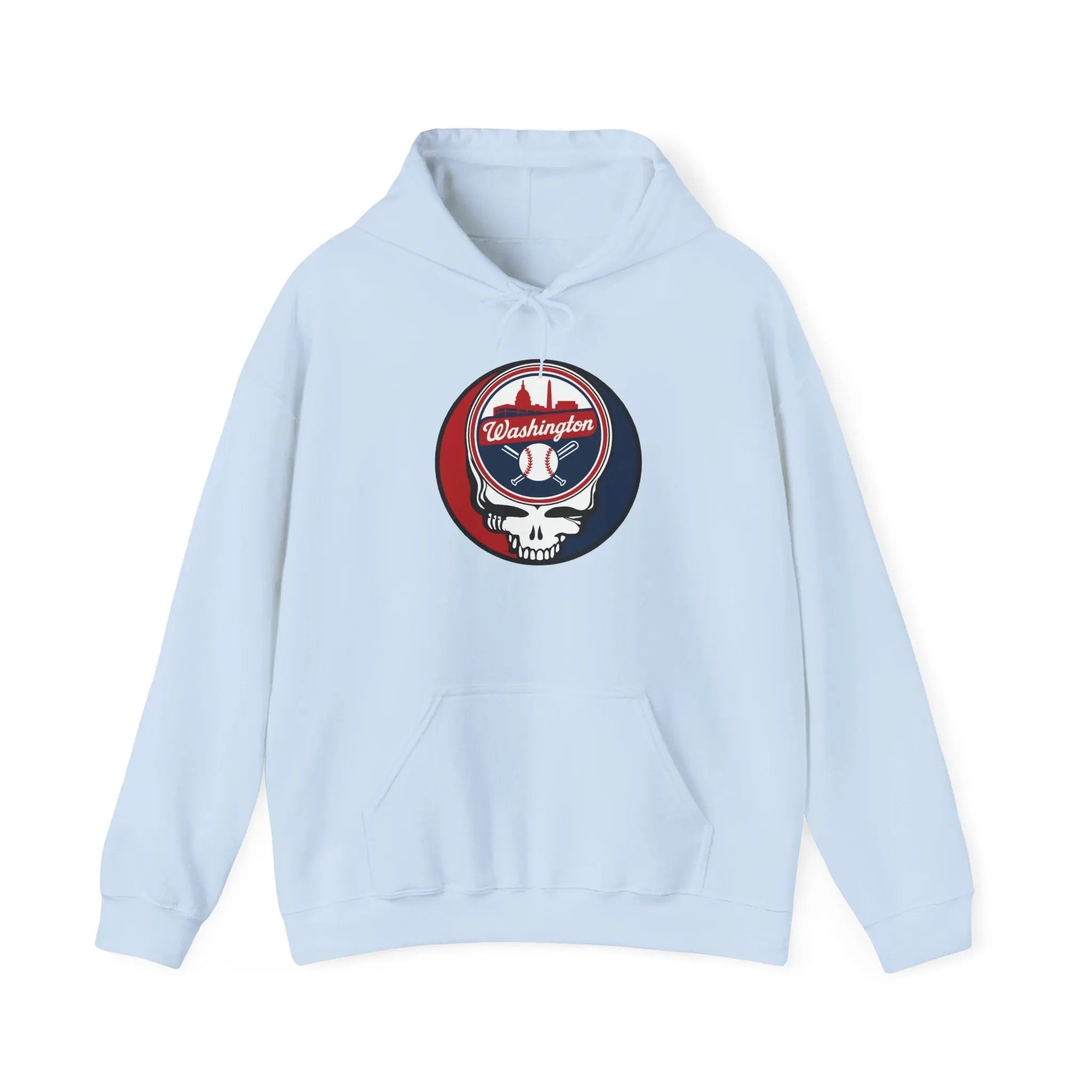 Light blue Washington Nationals hoodie with front circular team logo and skull graphic