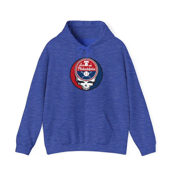Royal blue hoodie with front pouch pocket and circular Philadelphia team logo