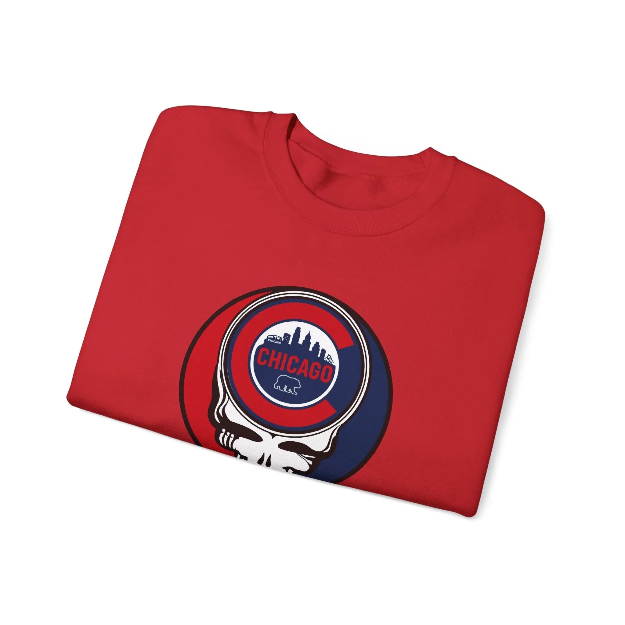 Red crewneck sweatshirt folded, featuring circular Chicago graphic skull logo