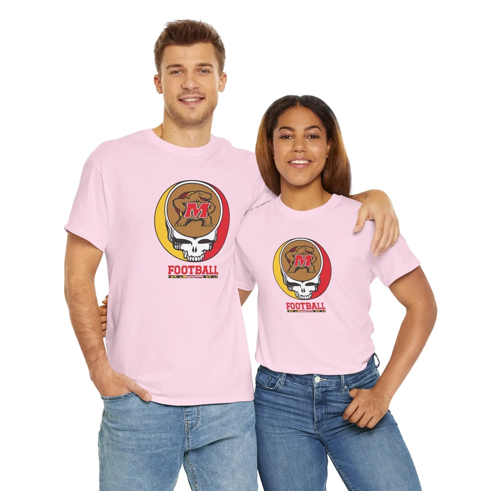 Light pink football t-shirt with circular M helmet logo graphic and 'FOOTBALL' text