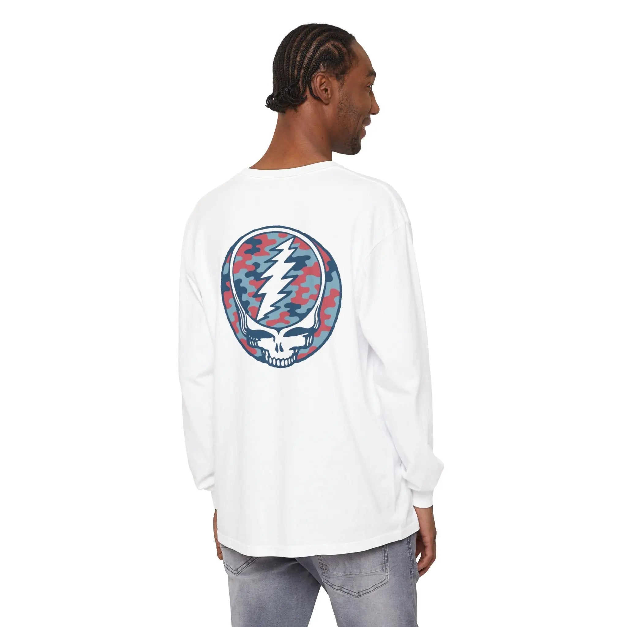 White long-sleeve T-shirt with large red-and-blue skull graphic on the back