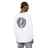 White long-sleeve T-shirt with large red-and-blue skull graphic on the back