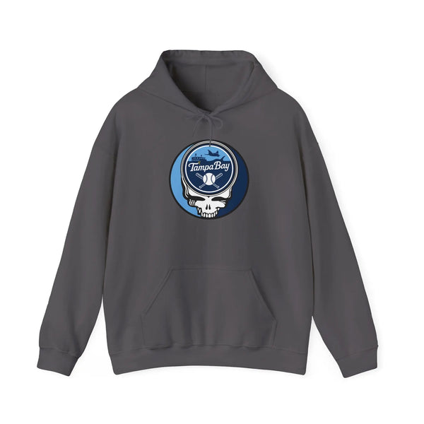Dark charcoal Tampa Bay Rays hoodie with kangaroo pocket, drawstring hood, and team logo