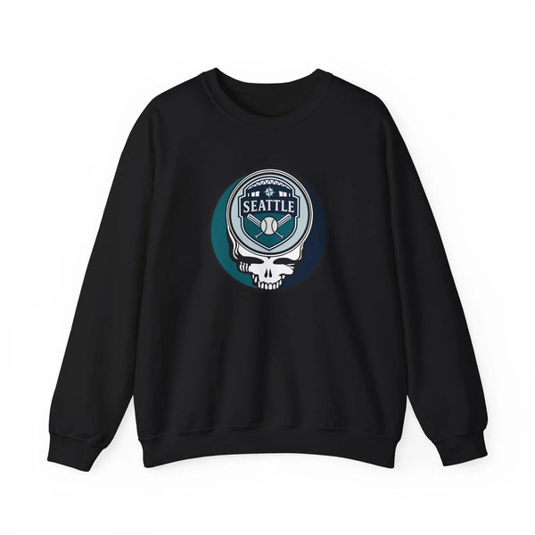 Black crewneck sweatshirt with Seattle Mariners crest skull graphic at chest