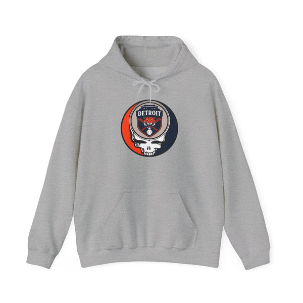Light gray pullover hoodie with Detroit logo graphic on chest