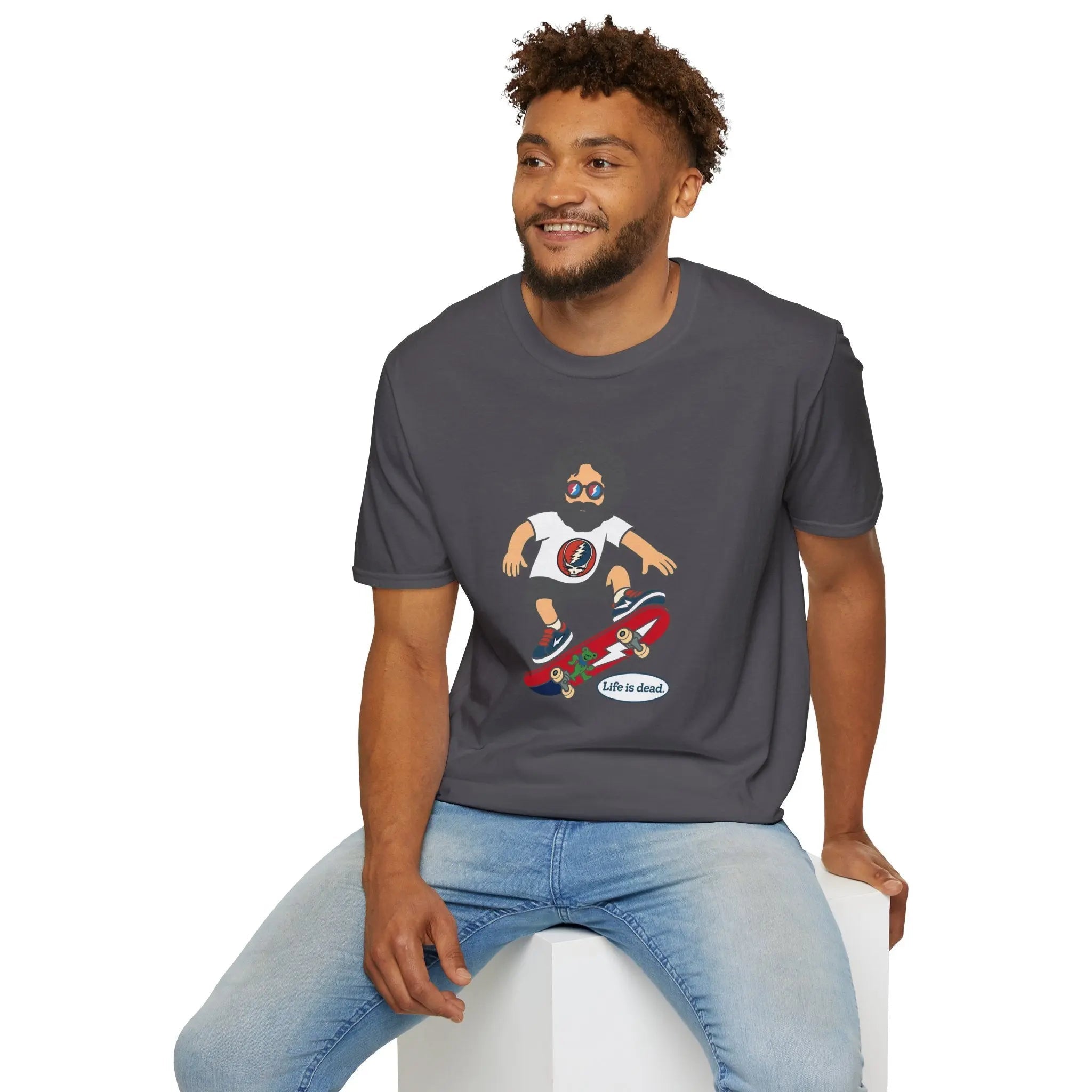 Charcoal crewneck T-shirt with cartoon skateboarding graphic on chest.