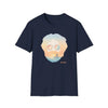 Navy crew-neck graphic T-shirt with portrait sunglasses and sunset beach scene print