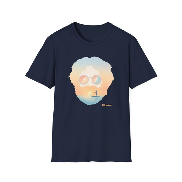 Navy crew-neck graphic T-shirt with portrait sunglasses and sunset beach scene print