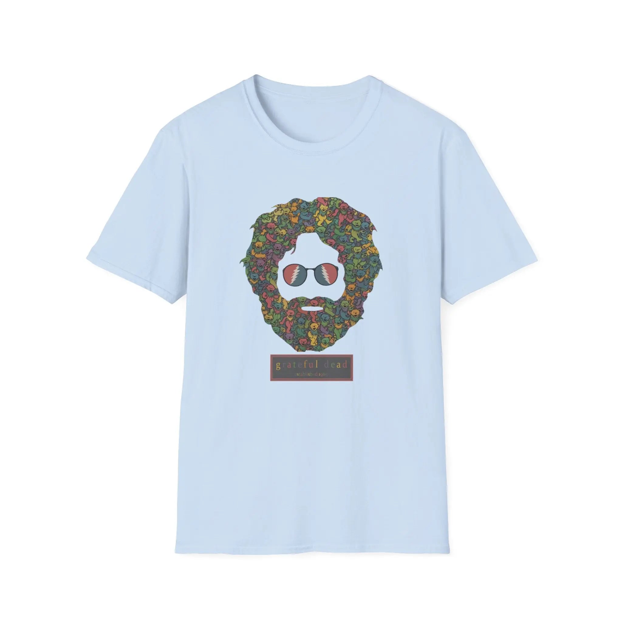 Light blue T-shirt with colorful dancing bears face graphic on the chest.
