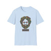 Light blue T-shirt with colorful dancing bears face graphic on the chest.