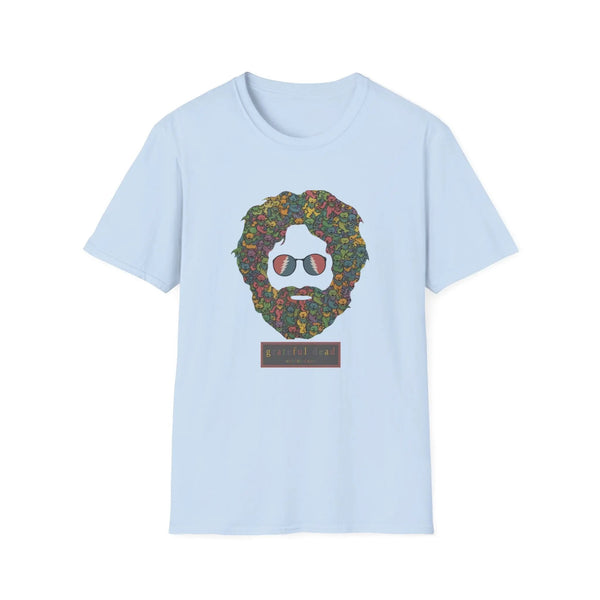 Light blue T-shirt with colorful dancing bears face graphic on the chest.