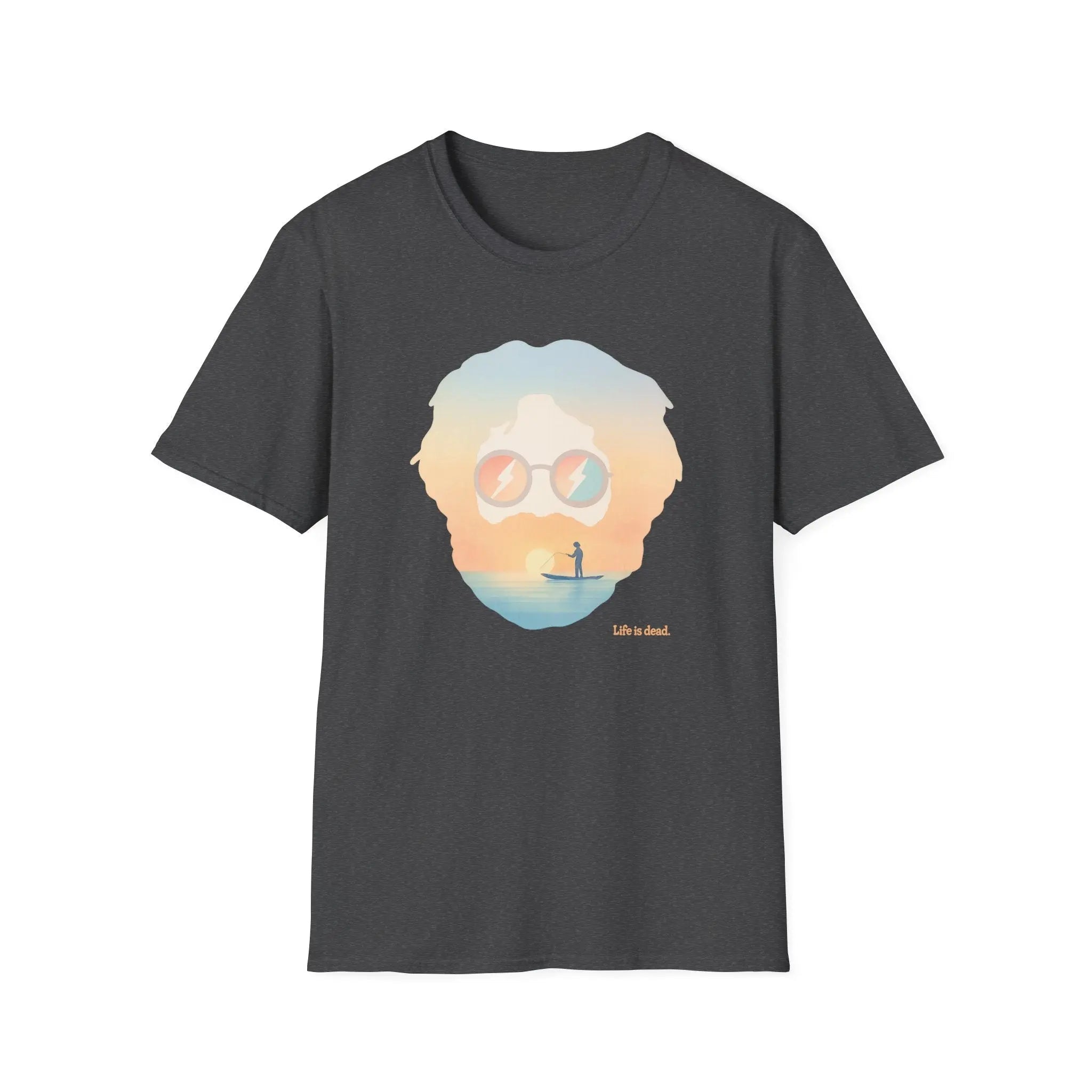 Charcoal crew-neck graphic T-shirt with portrait sunglasses and sunset beach scene print