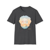 Charcoal crew-neck graphic T-shirt with portrait sunglasses and sunset beach scene print