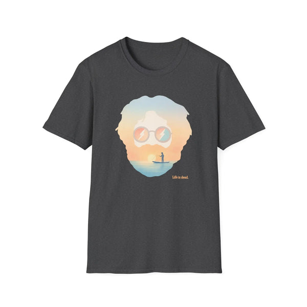 Charcoal crew-neck graphic T-shirt with portrait sunglasses and sunset beach scene print