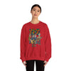 Red crewneck sweatshirt with front band logo graphic print