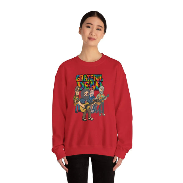 Red crewneck sweatshirt with front band logo graphic print