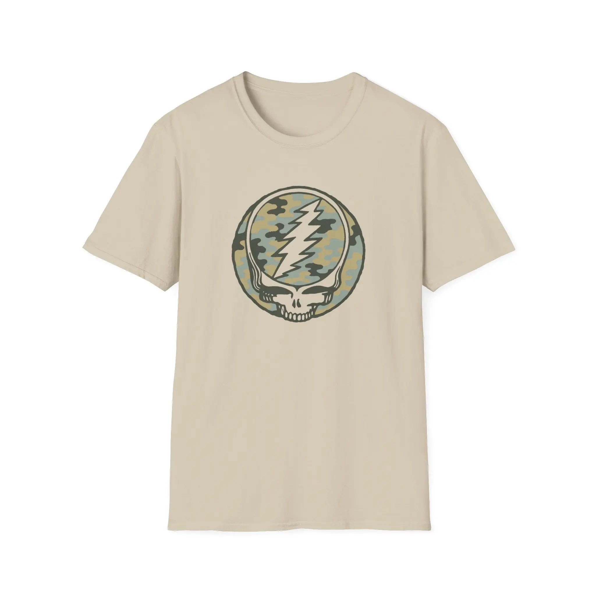 Beige crewneck T-shirt with round camo skull lightning logo