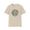 Beige crewneck T-shirt with round camo skull lightning logo