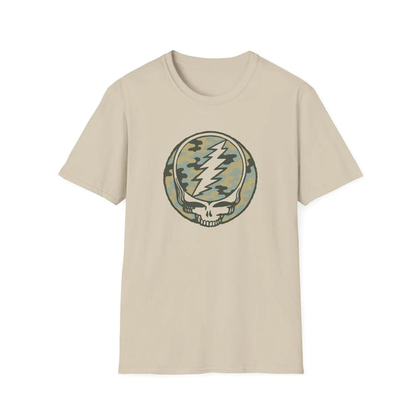 Beige crewneck T-shirt with round camo skull lightning logo