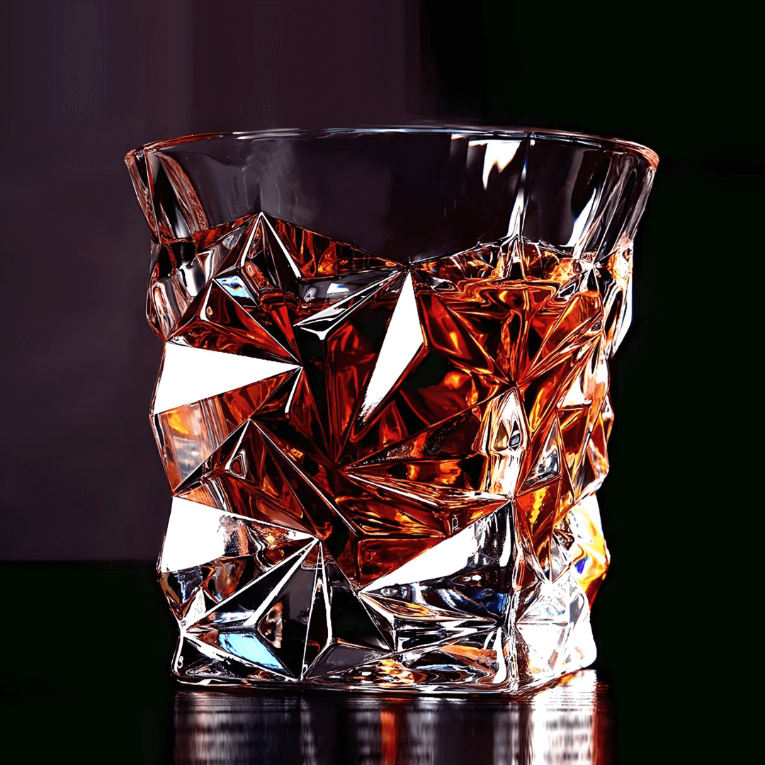 Japanese crystal whisky tumbler with faceted geometric cut pattern